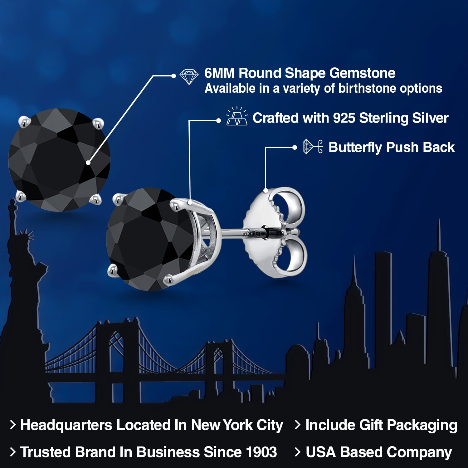 Gem Stone King 925 Sterling Silver Black Sapphire Stud Earrings for Women | 2.30 Cttw | Gemstone September Birthstone | Round 6MM