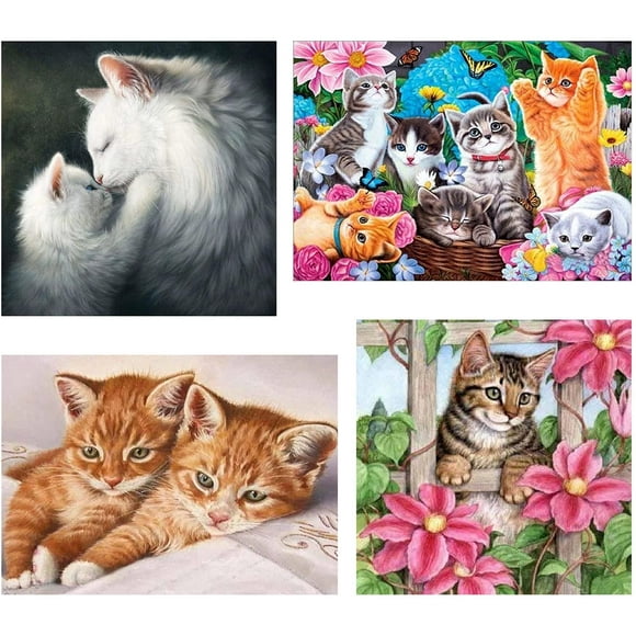 4 Pack DIY 5D Diamond Painting Kits for Adults, Cats Diamond Art Full Drill Round Crystal Dotz Colorful Paint by Number with Art Home Wall Decor (Cute Cat)