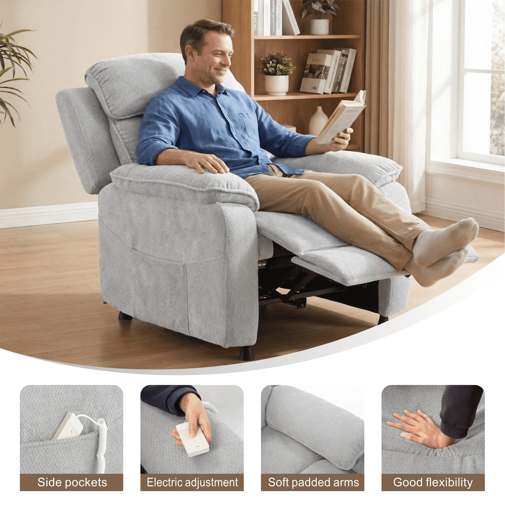 BSHTI 34.84" Power Recliner Chair with Remote – Chenille Upholstery, Ergonomic Lounge Chair for Living Room, Adjustable Recliner for Small Spaces and Home Theater, Dark Grey