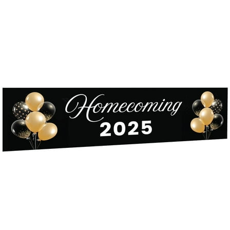 Homecoming Dance Banner 20XX with Balloon Design, Black & Gold HOCO Sign Banner with Adhesive Dots