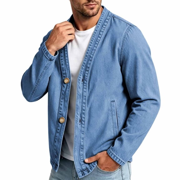Fnooota Mens Jean Jackets, Long Sleeve Spring Fall Front Button Fashion Denim Jackets Blue Size S-3XL