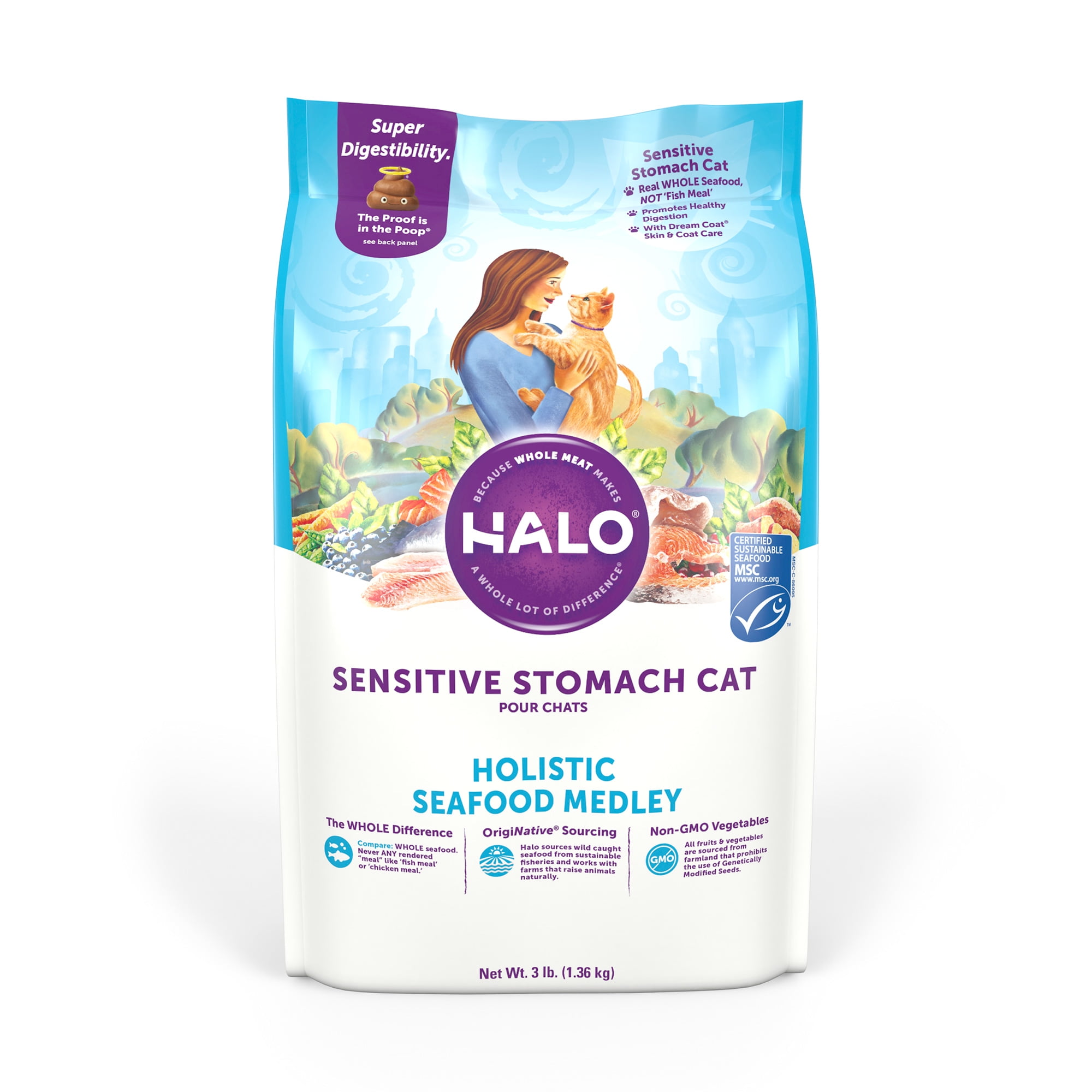 Halo Natural Dry Cat Food, Sensitive Stomach Seafood Medley, 3Pound