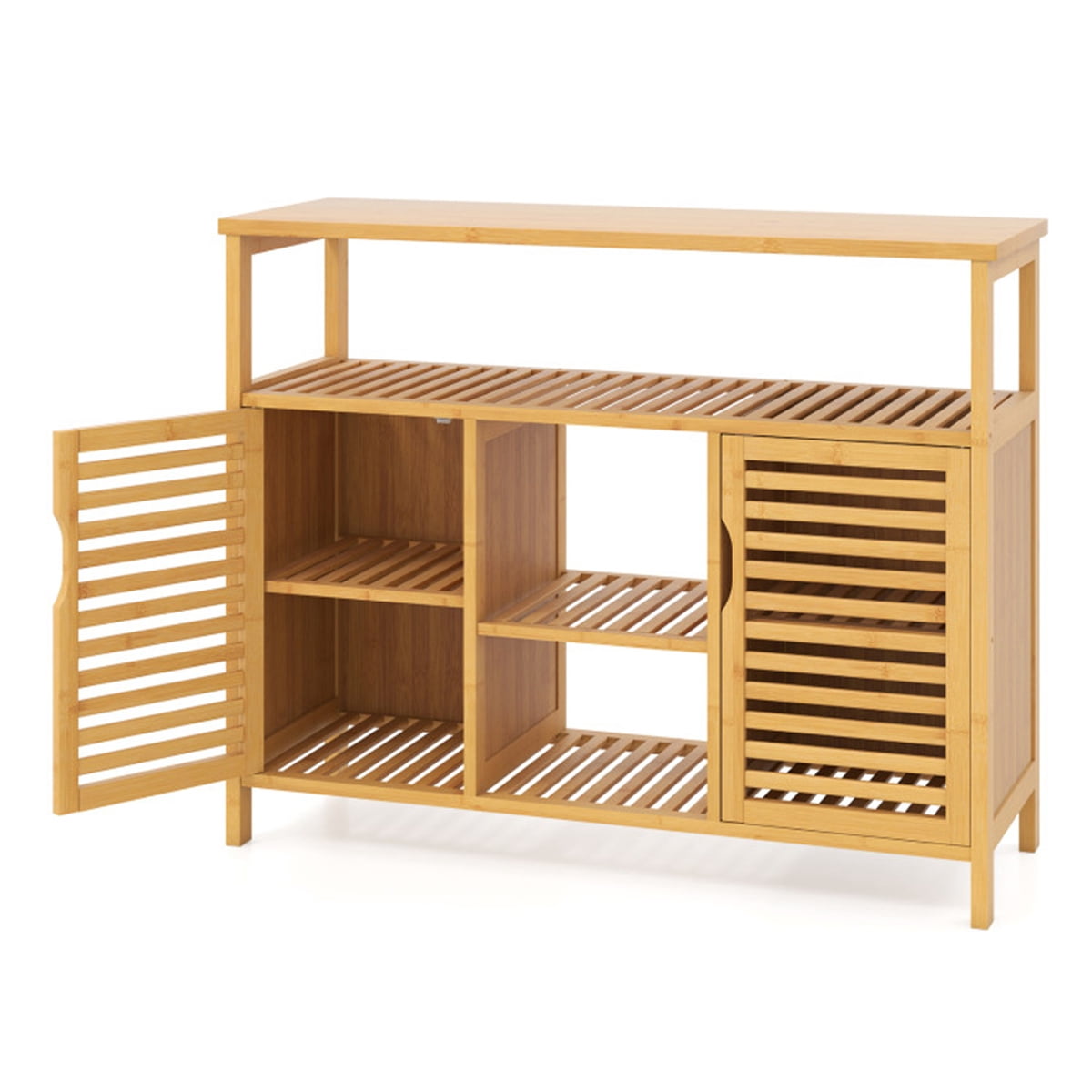 Double Door Bamboo Bathroom Storage Cabinet with Open Shelves, 39.5 Inch Tall Wood Organizer with Anti-Tip Device, for Bathroom, Kitchen, Living Room, Natural Finish