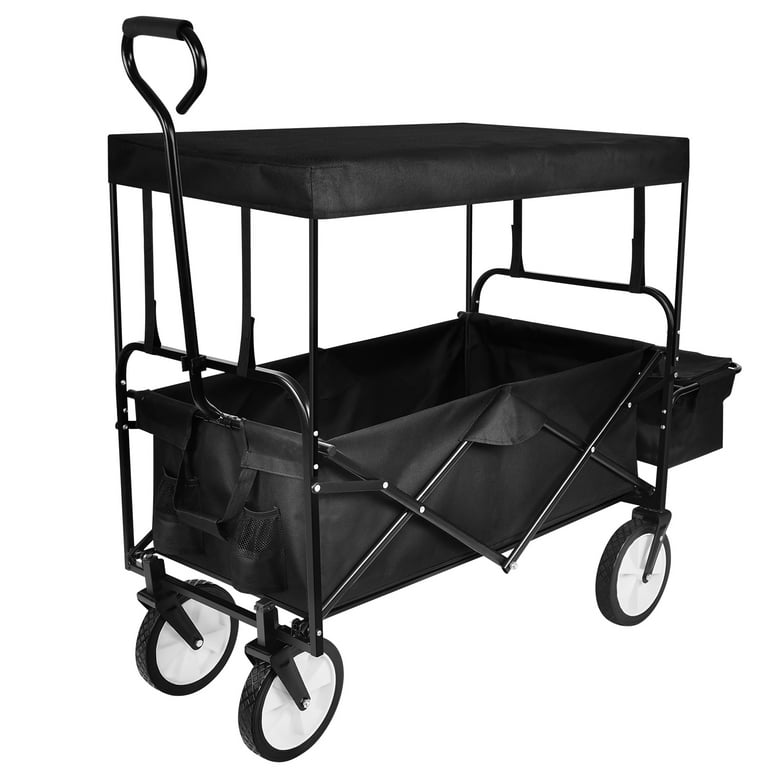 LAZY BUDDY Collapsible Utility Beach Wagon Cart with Removable Canopy  Folding Outdoor Camping Fishing Wagon, Push Pull Handle 