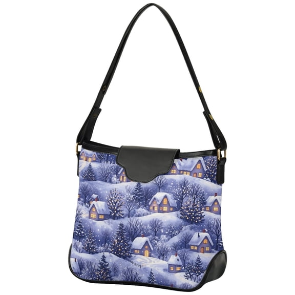 ALAZA Women Hobo Shoulder Handbag Purple Snowy Village Print Tote Bag Large Capacity Purse