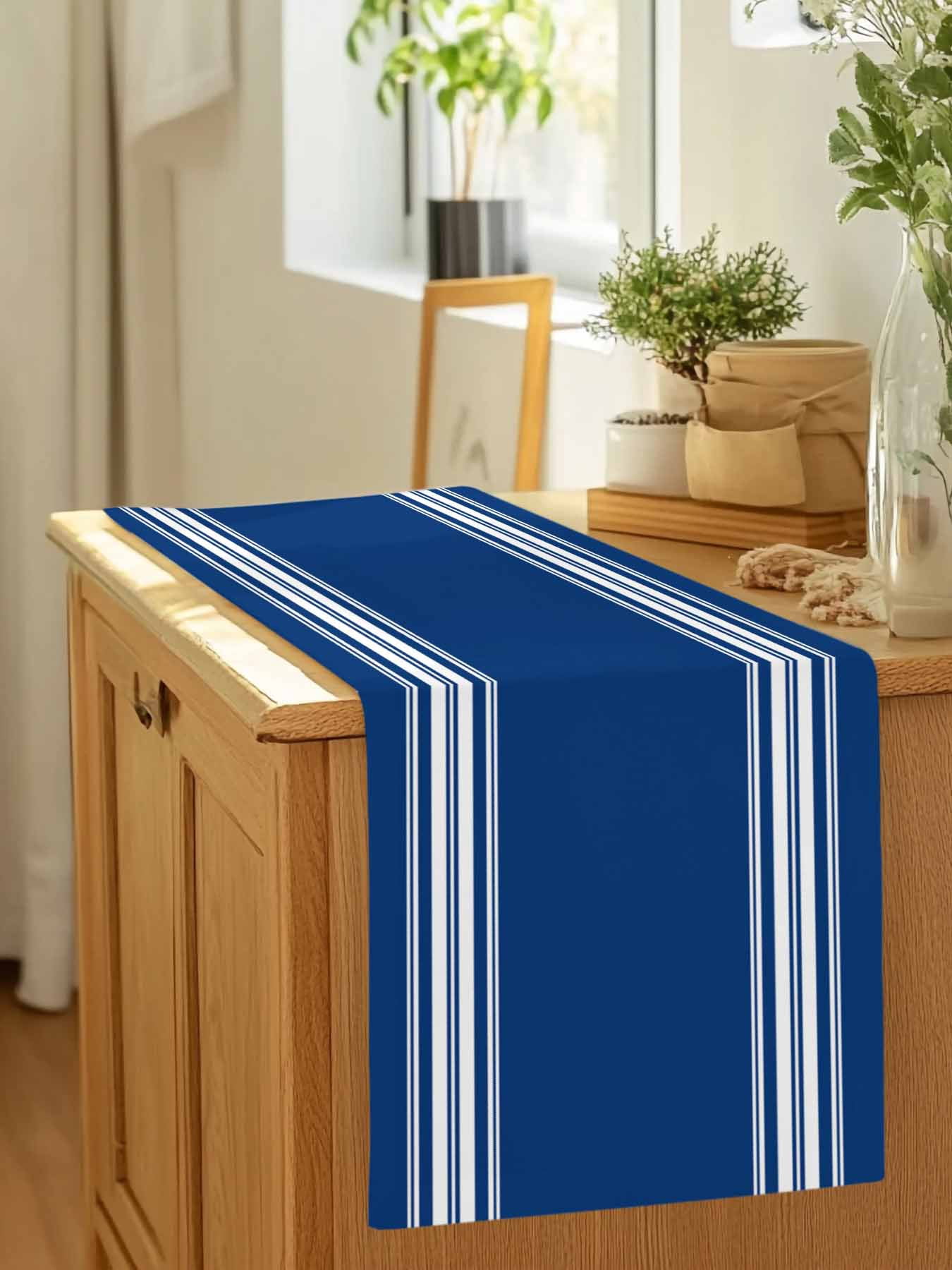 Nautical Navy Blue White Stripes Table Runner 90 Inches Long, Country Farmhouse Style Table Runners Tabletop Scarf Kitchen Dining Tables Decoration for Home Party Indoor Outdoor