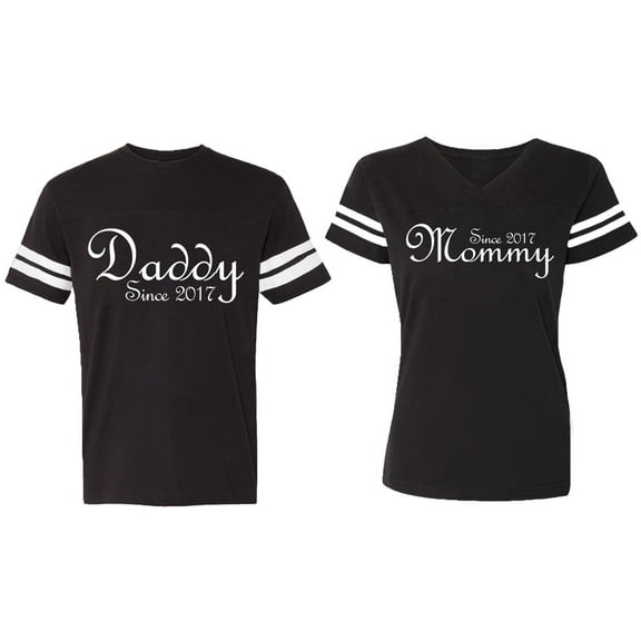 Daddy Mommy Since 2017 Matching Couple Cotton Jerseys (Men Black / Women Black) (Men S / Women S)