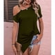 thumbnail image 3 of Mujer Solo Hombro Frío Dobladillo Superior Plisado Color Puro Ajuste Suelto Verano Casual Camiseta OD Verde M, 3 of 6