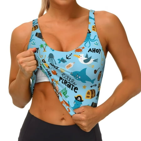 Qokaie Animal Pirate Pattern Womens Scoop Neck Sports Bra Breathable Workout Vest Padded U Back Medium Impact Fitness Gym Yoga Bra Workout Crop Top