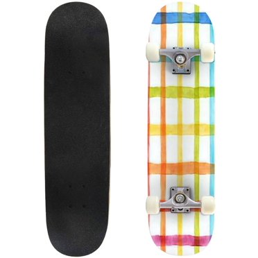 Watercolor multicolored pattern in a cage stripes rainbow colors cute Outdoor Skateboard Longboards 31"x8" Pro Complete Skate Board Cruiser