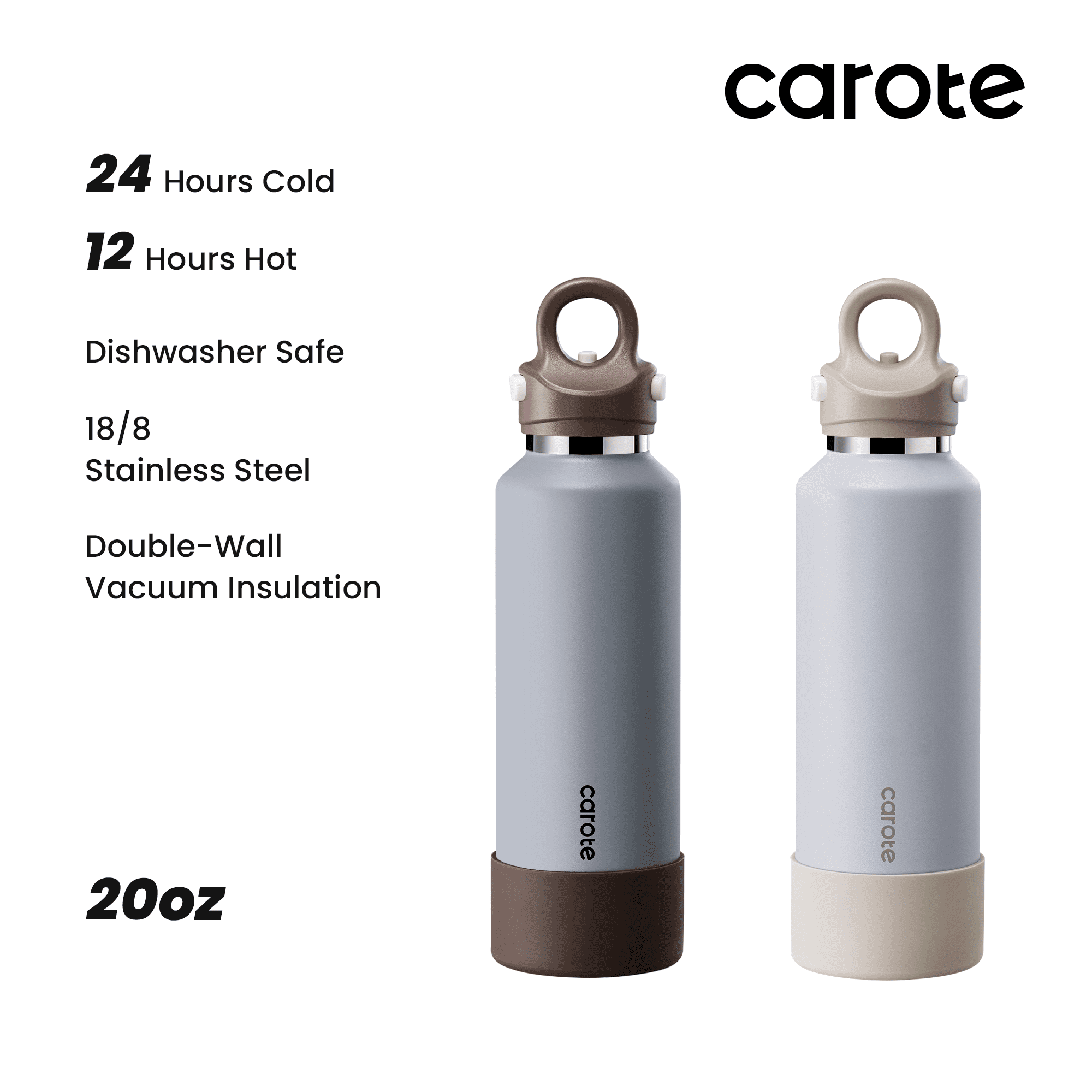 Carote 2-Pack One-Click-Open Insulated Stainless Steel Water Bottle Set, 20 fl oz, Gray & Brown