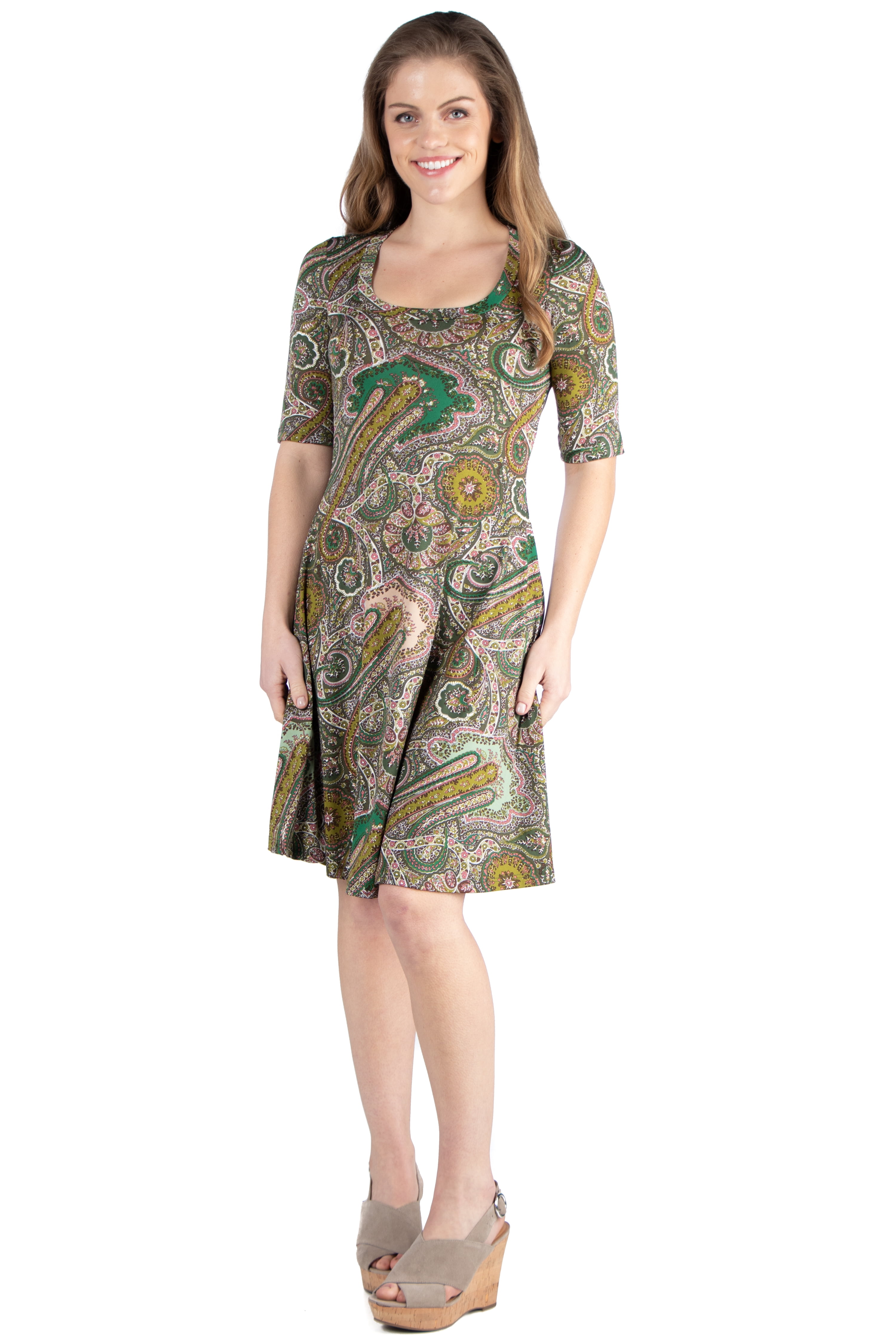 24seven Comfort Apparel Paisley Green Elbow Sleeve Knee Length Dress in