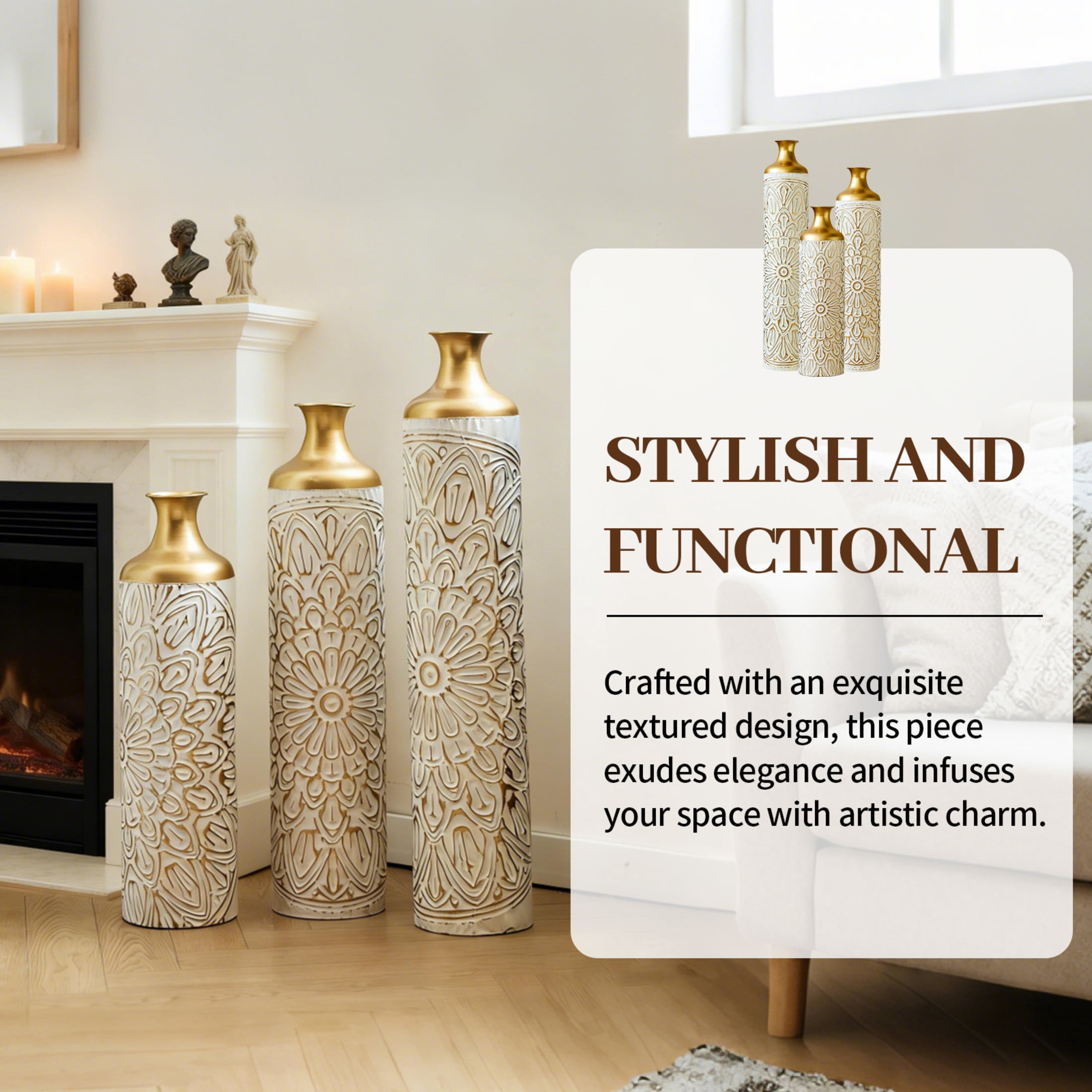 Noble House 3-Piece Modern Metal Floor Vase Set, Textured Decorative Vases, Gold and White