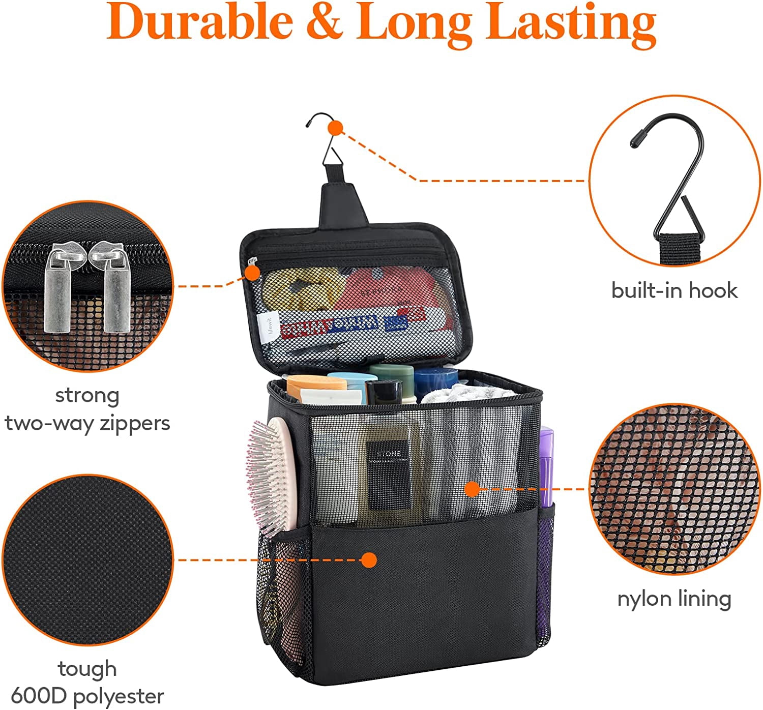 RGHJAR-Shower Bag Mesh Shower Caddy Portable College Dorm Room Essentials Tote Bag for Bathroom, Gym, Travel, Camping Quick Dry Hanging Shower Organizer Basket Toiletry Bag, Large, Black