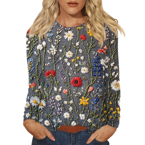WTOBBY Women's Floral Print Fashion Long Sleeve T-shirt with Round Neck Top Casual Wear Comfort Fit Soft Material Lightweight Fabric Daily Outfit Essential Stylish Layering Piece,Dark Gray M