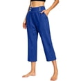 thumbnail image 2 of Nhthy Women's High Waist Linen Blend 7/8 Capri Pants, Elastic Waist Button Detail, Loose Comfort Fit Casual Cropped Trousers for Summer Beach Daily Blue M, 2 of 7