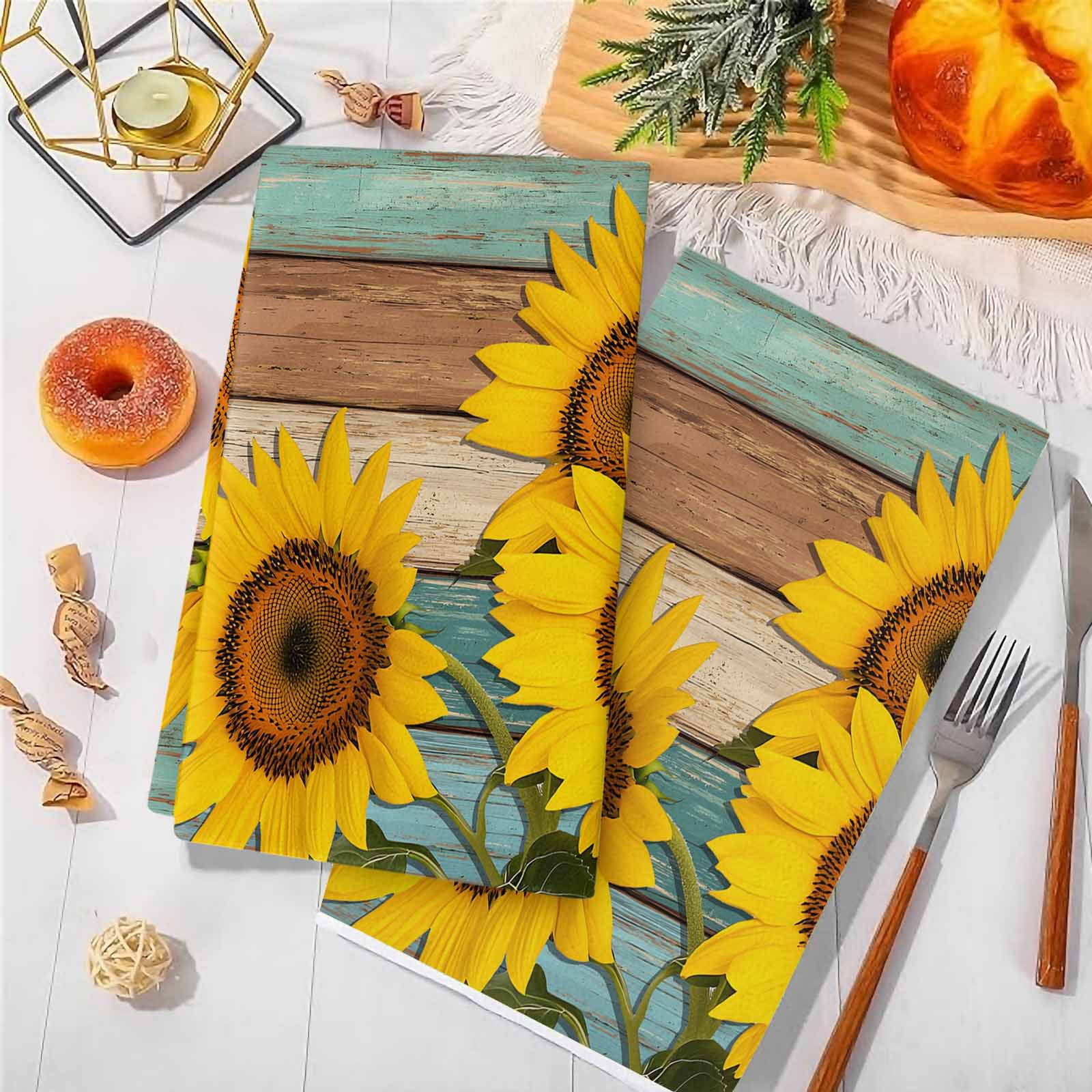 Dish Towels, Sunflower Absorbent Kitchen Towels 2 PCS, Farmhouse Floral Plant Teal Wood Grain Microfiber Hand Towels Dish Cloths Tea Towels for Home&nbsp;Bathroom Cleaning Drying,18X28-Inch,