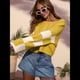 thumbnail image 5 of Suéter Informal de Mujer con Bloques de Color y Cuadros, Cuello Redondo, Larga, Jersey de Punto Corto. Amarillo S, 5 of 10