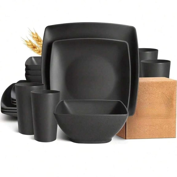 16 Pcs Plastic Square Dinnerware Set - Durable Dishwasher Microwave , Stackable, Space-Saving - For 4 People, Includes Dinner Plates, Salad Plates, Snack Bowls, Tumblers 20 Oz.