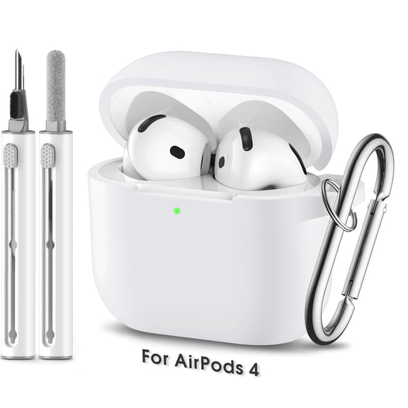 HionlyPro for AirPods 4 Case 2024 with Cleaner Kit, Soft Silicone Full Protective Case for AirPods 4th Generation Case with Keychain for Women Men, White