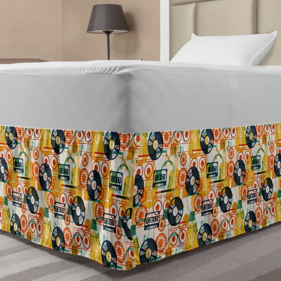 Music Bed Skirt, Pattern with Musical Instruments in Flat Design Style Cassette Radio Vinyl Nostalgic, Elastic Bedskirt Dust Ruffle Wrap Around for Bedding Decor, 4 Sizes, Multicolor, by Ambesonne