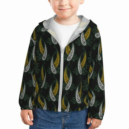

Rash Guard for Boys Girls - Yellow White Green Paisley Lightweight Long Sleeve Sun Protection Jacket Hooded Cooling Swim Shirt with Zipper for Toddler Kids Children