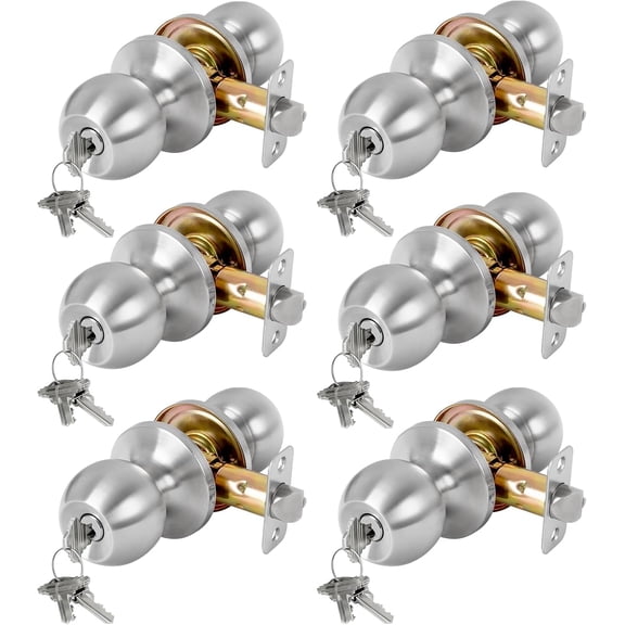 6 Pack Keyed Entry Door Knob with Lock and Key, Exterior and Interior Door Knob for Bedroom or Bathroom, Satin Nickel, Not Keyed Alike