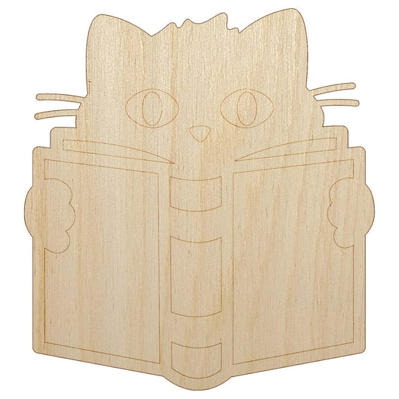 Cat Reading Book Wood Shape Unfinished Piece Cutout Craft DIY Projects - 4.70 Inch Size - 1/8 Inch Thick