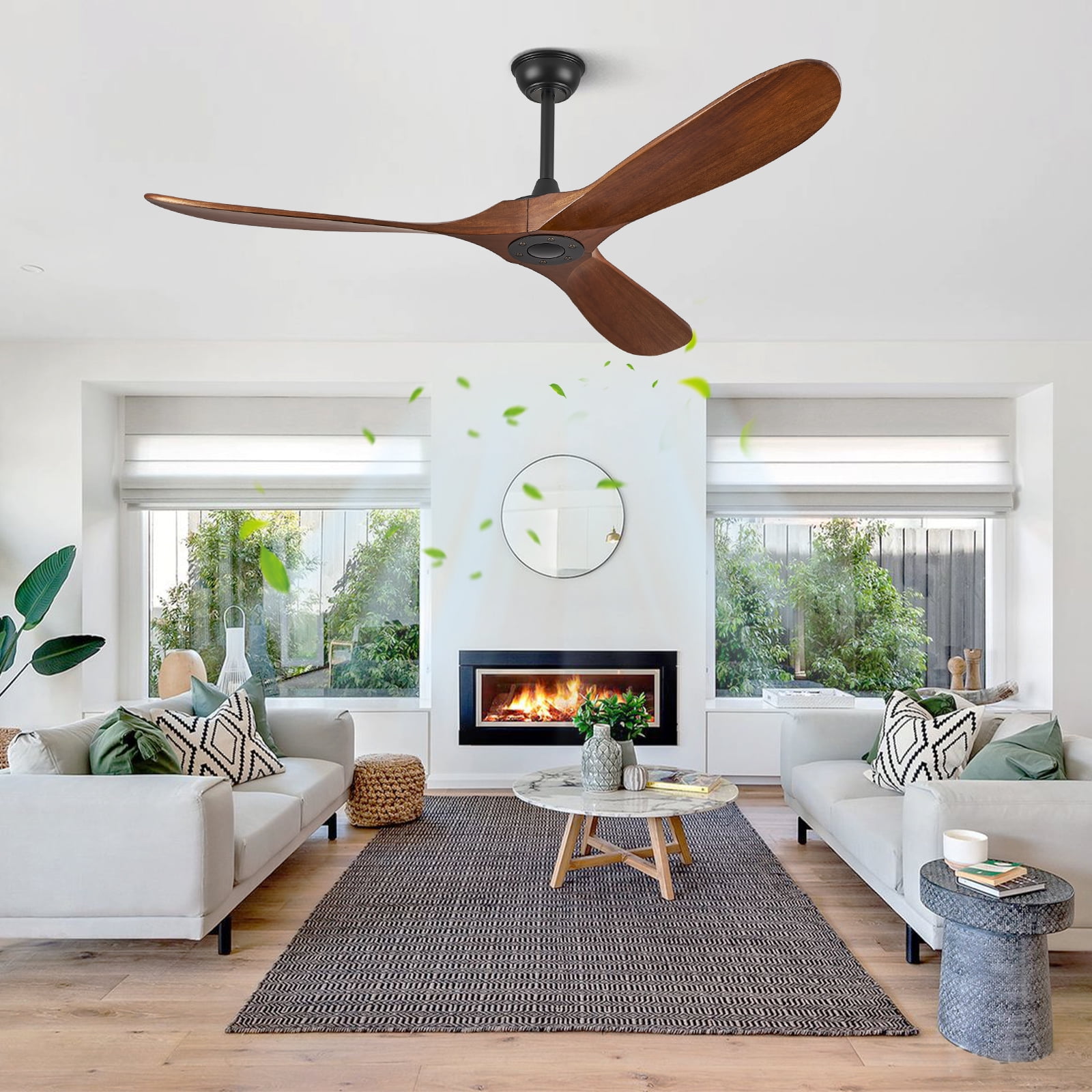 62'' Modern 3-Blade Ceiling Fan (No Light) – Solid Walnut Wood Propeller Ceiling Fans, Quiet DC Motor & Standard Remote Control | Indoor/Outdoor Use for Patio, Coastal & Farmhouse Spaces