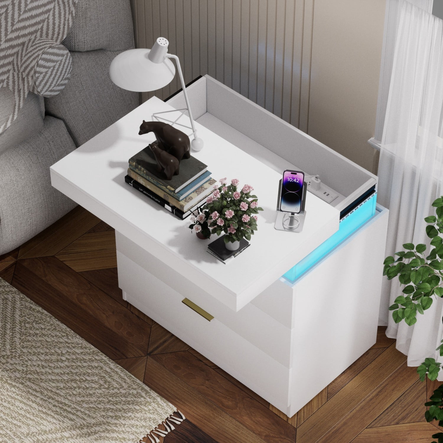 Nightstand with Charging Station and LED Lights, Modern Bedside Table with Sliding Top Drawer, 3 Storage Drawers End Table with USB Ports for Bedroom Living Room, White