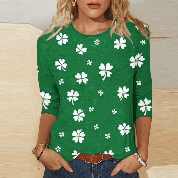 Fznquz Women's 3/4 Sleeve Tops Green Casual Winter Tee St Patric Crew Neck Clothes Women,M