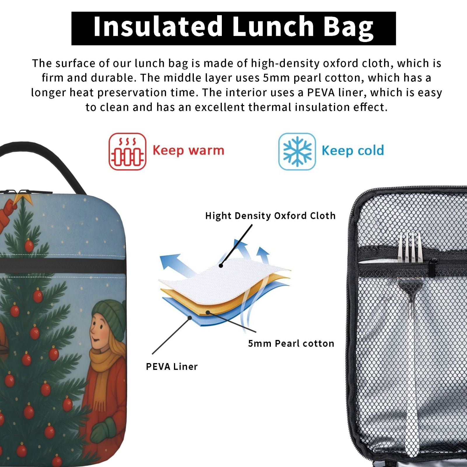 Lunch Bag For Women Men Insulated Portable Lunch Box Bento Box Office Picnic Travel Cooler Bag Christmas Tree Decorations