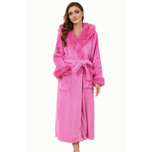 Heartnice Womens Hooded Plush Long Robe, Soft Warm Fleece Bathrobe for Women Fluffy Cute Spa Robe（ Rose, S/M）