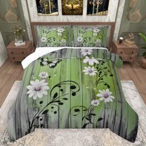 jejeloiu Cute White Daisy Queen Comforter Set,Flying Butterflies Bedding Sets,Rustic Plant Leaf Bedding Comforter Set For Teens,Super Cozy Room Decor,3 Pieces
