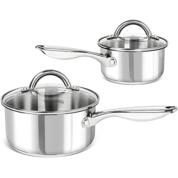 MICHELANGELO Saucepan Set 4pc, 18/10 Stainless Steel Sauce Pan with Lid, Tri-Ply Bottom Sauce Pot Set, Nonstick Saucepan, Dishwasher Safe, 1QT & 2QT