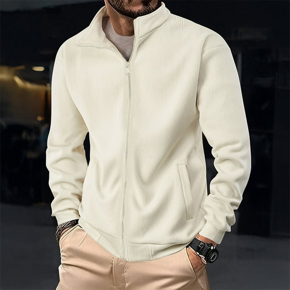 Zedker Mens Full Zip Cardigan Sweater Casual Stand Collar Regular Fit Knit Sweater Fall Winter Ribbed Cardigan with Pockets Beige L