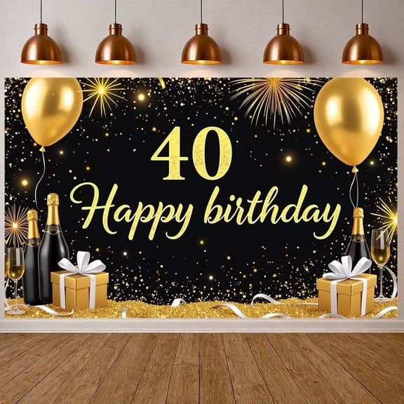 Gold Glitter 40th Birthday Banner Champagne Theme Display Balloon Decor Firework Design Milestone Celebration Backdrop for 40th Birthday Party Adult Celebration Photo Shoot