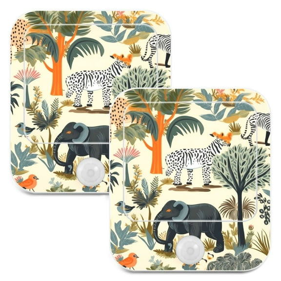 Elephant Trees Zebra Monkey Birds Night Lights Plug into Wall LED with Auto Light Sensor Warm Light for Kids Hallway Bedroom Living Room Kitchen Bathroom Set of 2