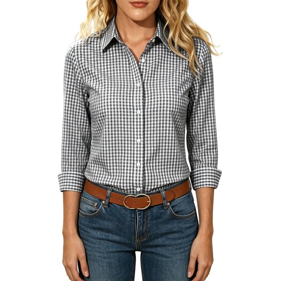 BCSIOAOI Womens Tops,Collared Gingham Plaid Button Long Sleeve Slim Fit Casual Shirts Black L