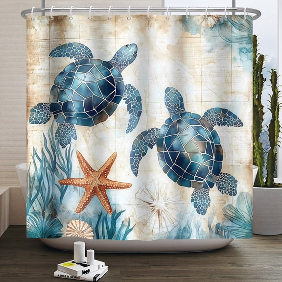 MIZHONA Summer Sea Turtle Shower Curtain Ocean Coastal Bathroom Curtain Decor with Hooks 72"W x 72"L