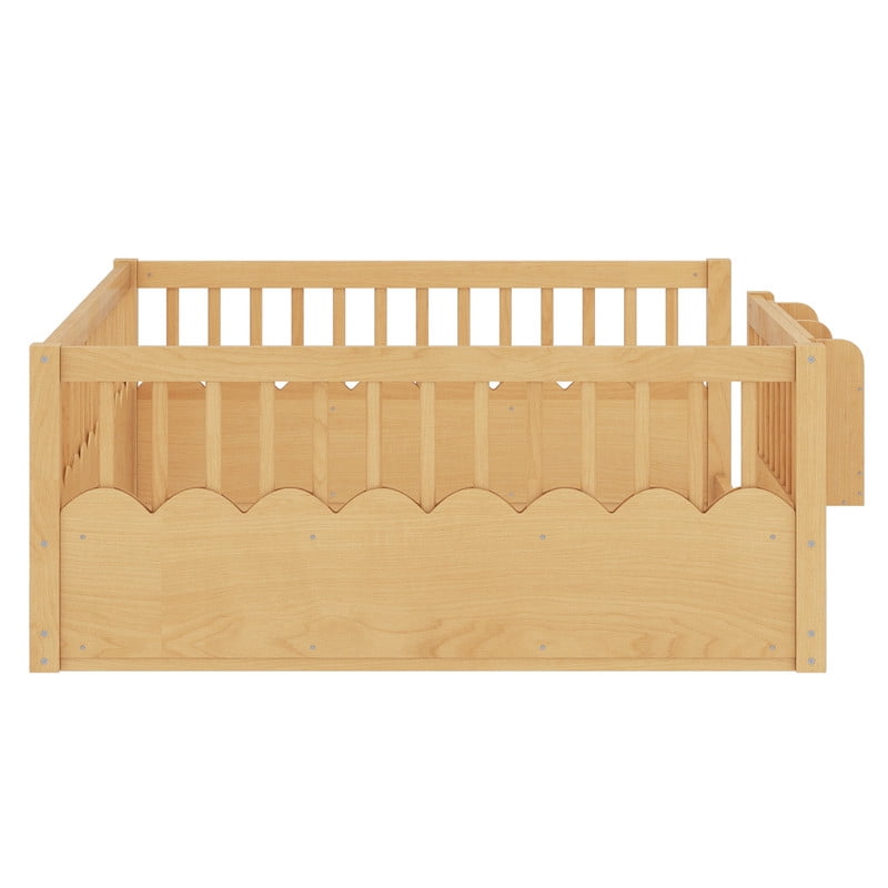 Full Size Floor Bed with Heightened Fence, Kids Platform Bed Frame with No Slat, Montessori Storage Bed with Bookshelf
