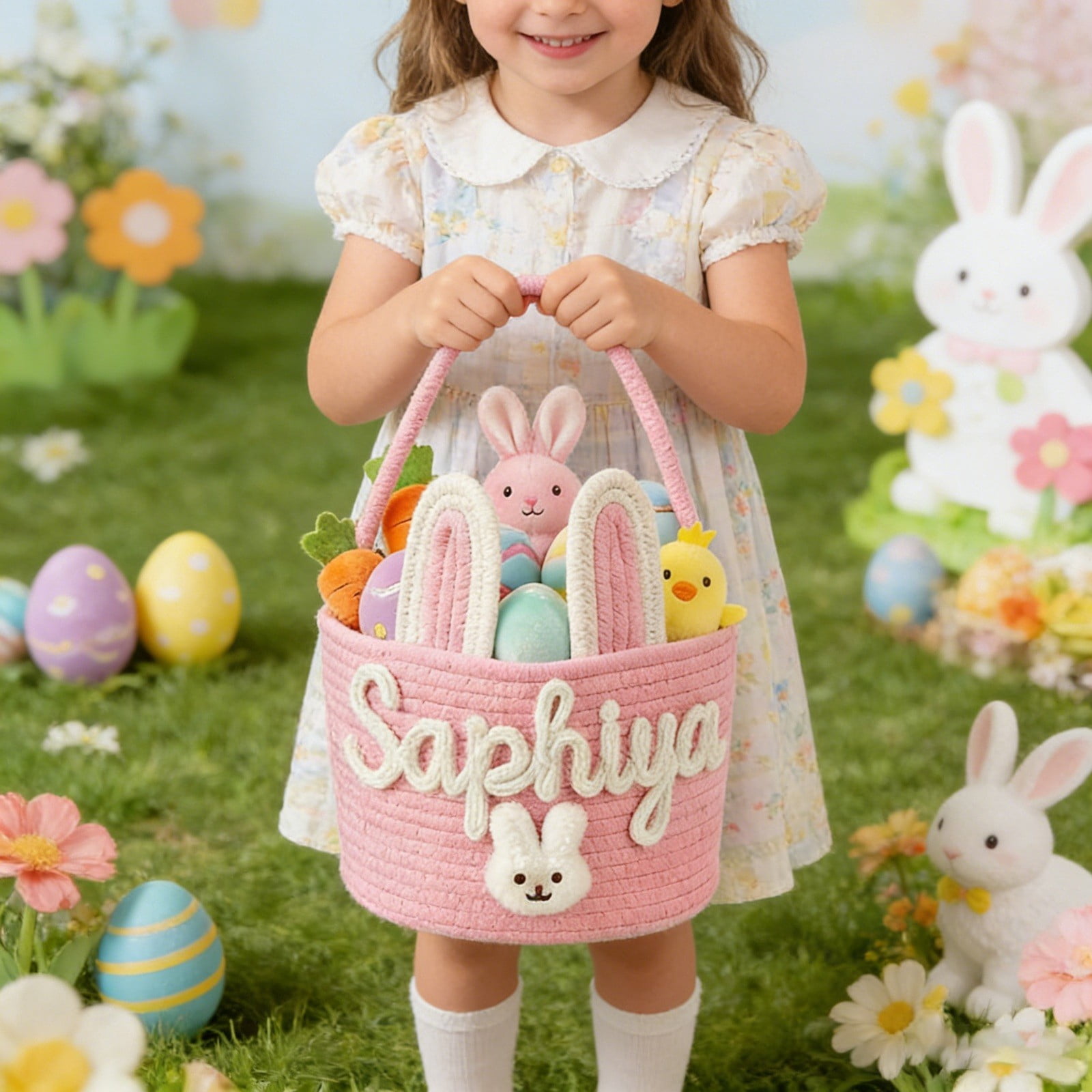 Personalised Easter Basket, Easter Basket 3D Cord Embroidery Technology, Easter Nest for Filling for Boys and Girls, Not Include Dolls (Rabbit Design)