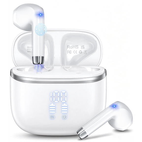 Wireless Bluetooth Earbuds Noise Cancelling in Ear Buds Deep Bass Stereo, 50H Playtime with Mics, LED Display, IPX7 Waterproof Earphones for iphone Android Laptop, White