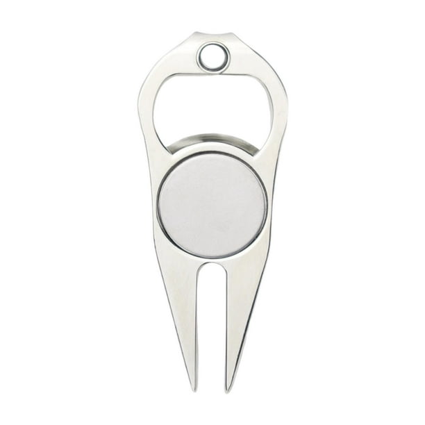 Una herramienta que se puede utilizar para reparar marcas de campos de golf y abrir botellas para uso al aire libre. Plata