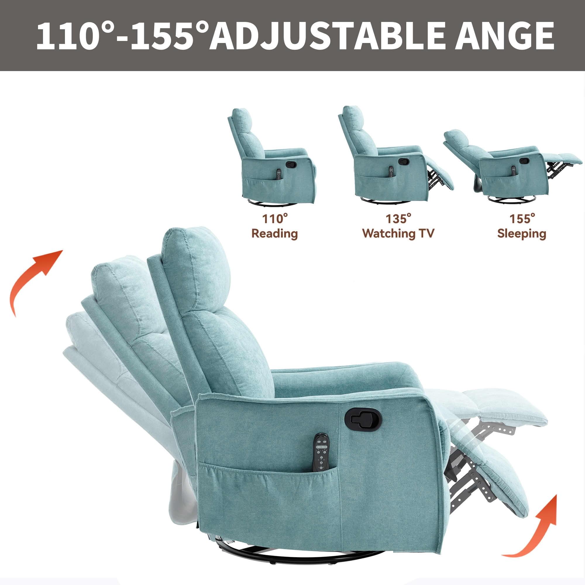 MAYEERTY Antique Blue Green Heat Massage Recliner Chair, 360° Swivel Rocker 27"x36"x40" for Living Room