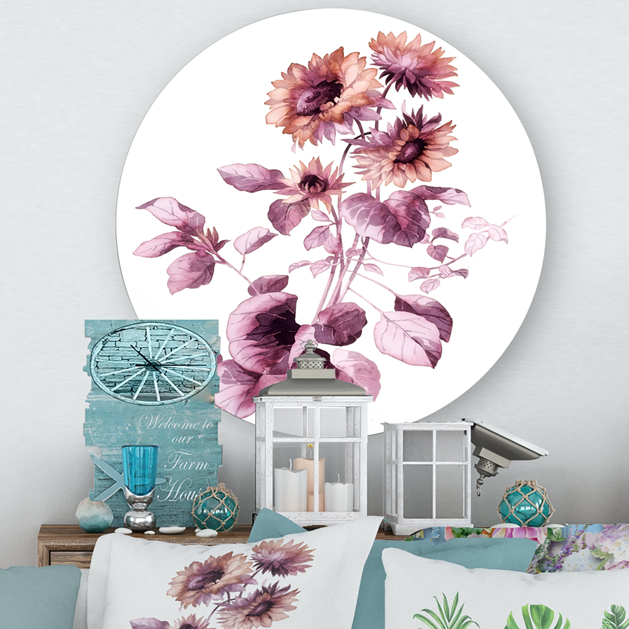 Designart 'Purple Wildflowers On White III' Traditional Circle Metal Wall Art 23x23 - Disc of 23