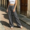 thumbnail image 3 of ZHYou No Boundarie Linen Pants for Women Wide Leg Drawstring Stretchy Waist Casual Loose Fit Lightweight Trousers with Pockets,Dark Gray,Size 3XL, 3 of 5