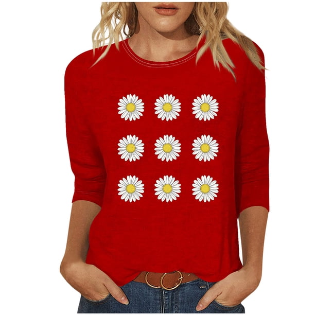 Tops de Cuello Redondo para las Mujeres Moda Impresa 3/4 Mangas Blusa Casual Top, Estante de Imitación