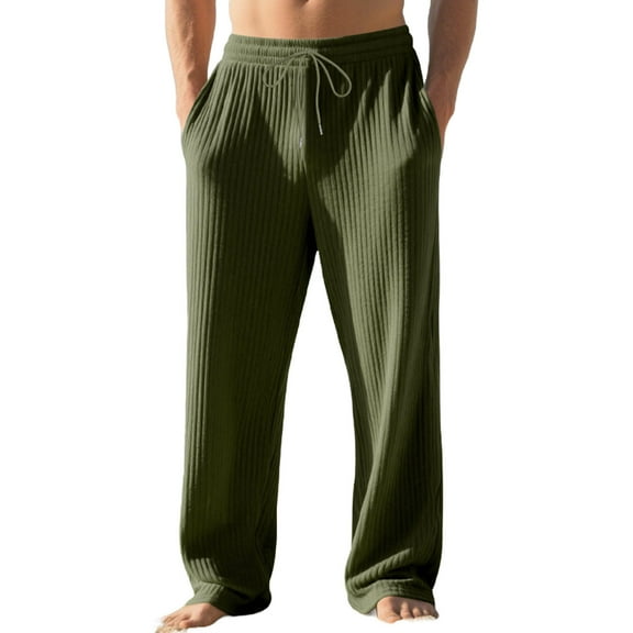 OGLCCG Mens Ribbed Knit Pants Casual Elastic Waist Drawstring Baggy Yoga Beach Trousers with Pockets Solid Color Lightweight Lounge Pants