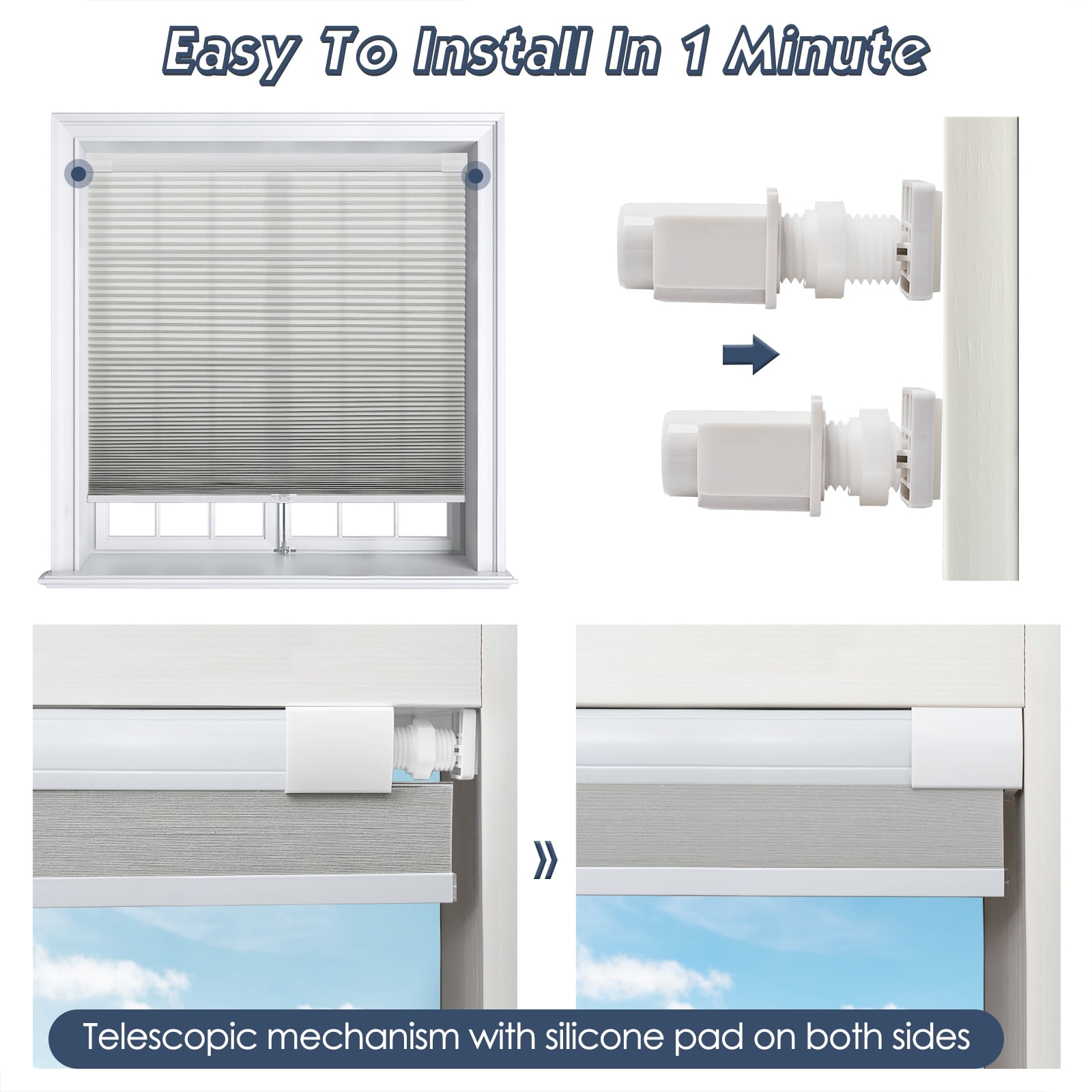 Keego No Drilling Cordless Cellular Shades Honeycomb Window Blinds Easy Installation Heat Insulating Noise Reducing Curtains Semi-Blackout Silver, 48.5"w x 66"h